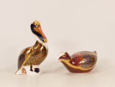 Royal Crown Derby paperweights Coot and Brown Pelican, gold stopper (2)