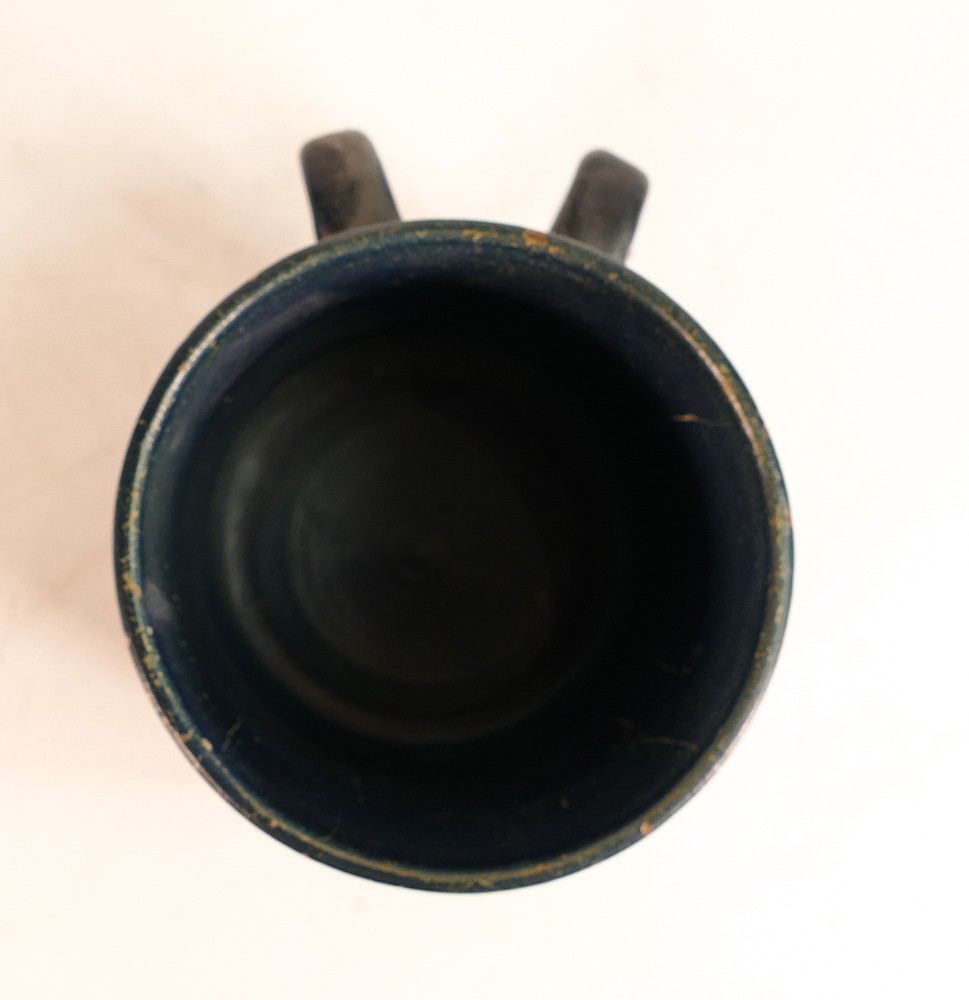 Dicker Ware Sussex two handed tankard, in deep blue mat glaze, hairline to rim & various paint - Image 2 of 6