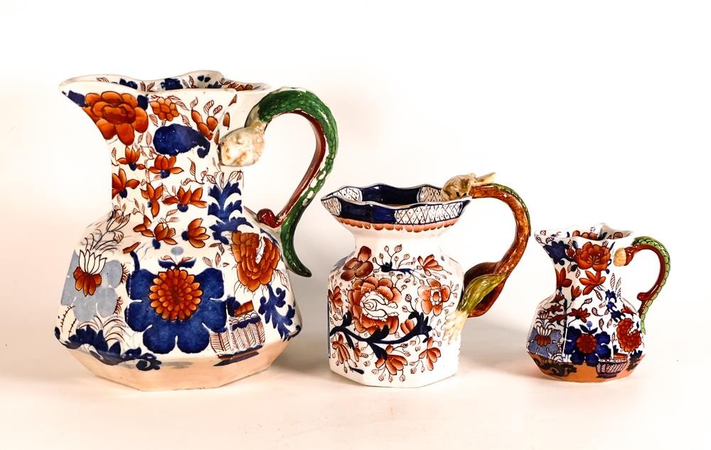Gaudy Welsh Ironstone hydra jug impressed Ironstone China to base together with two Masons Japan