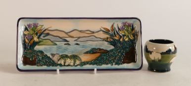 Moorcroft rectangle tray in the Islay design (Silver lined) together with sheep egg cup. (2)