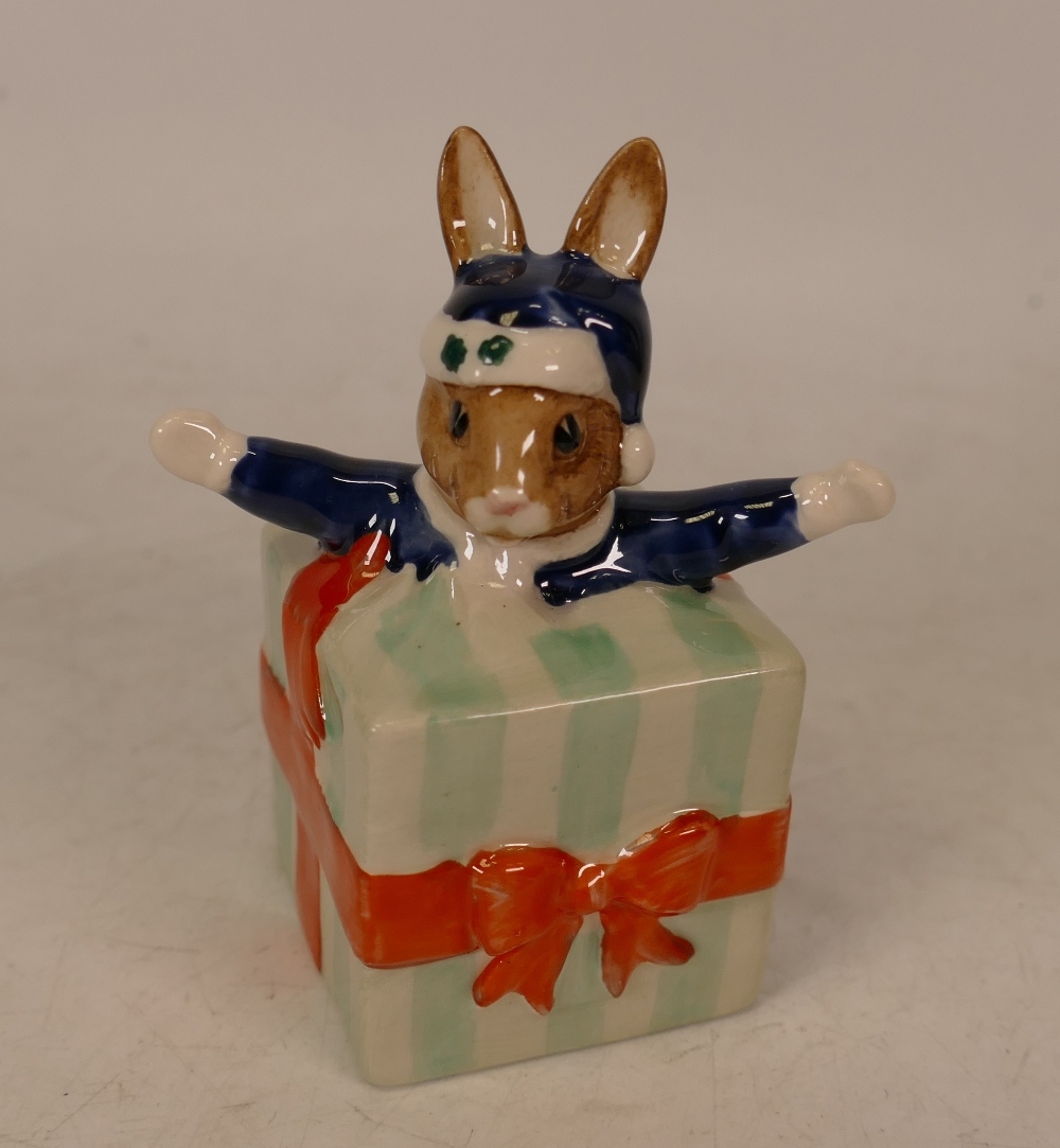 Royal Doulton prototype bunnykins figure Christmas Surprise DB146 in a different colourway.