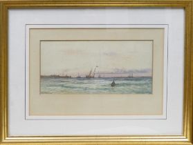 CLARENCE, Arderne (1882- 1966), a watercolour of a harbour at sunset, ships at the horizon, buoy