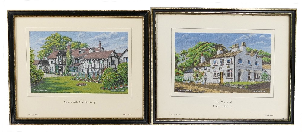 Two Macclesfield silks depicting buildings from the Cheshire area. L: 26cm x W: 21.5cm (2)