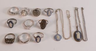 A collection of Silver jewellery including Wedgwood jasperware brooches, rings, CZ & pearl rings etc