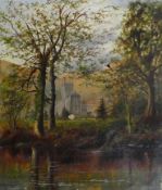 P. Fourmy, forest scene with lake to fore leading to view of a cathedral. Unframed mounted oil on