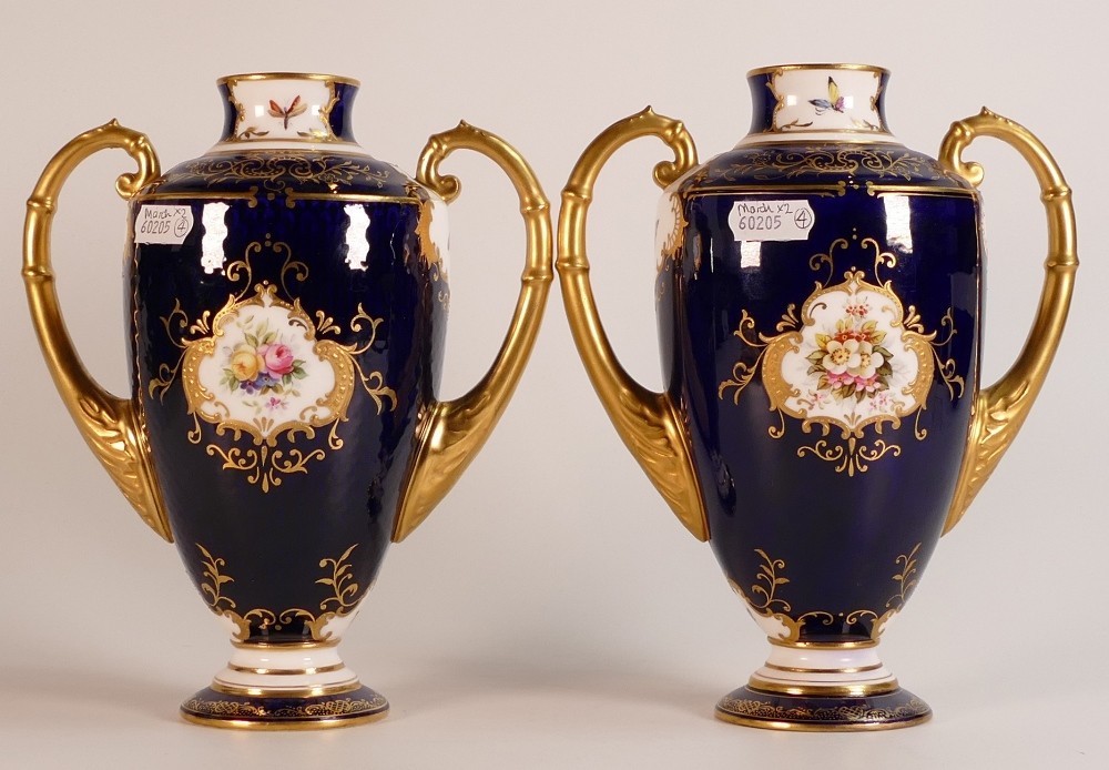19th century Coalport pair of two handled vases, gilded all over & decorated with panels of flowers, - Image 3 of 5