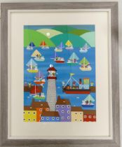 Gordon Barker (English, 20th Century) A Lighthouse Seaside Town Scene. Acrylic on Paper, Framed