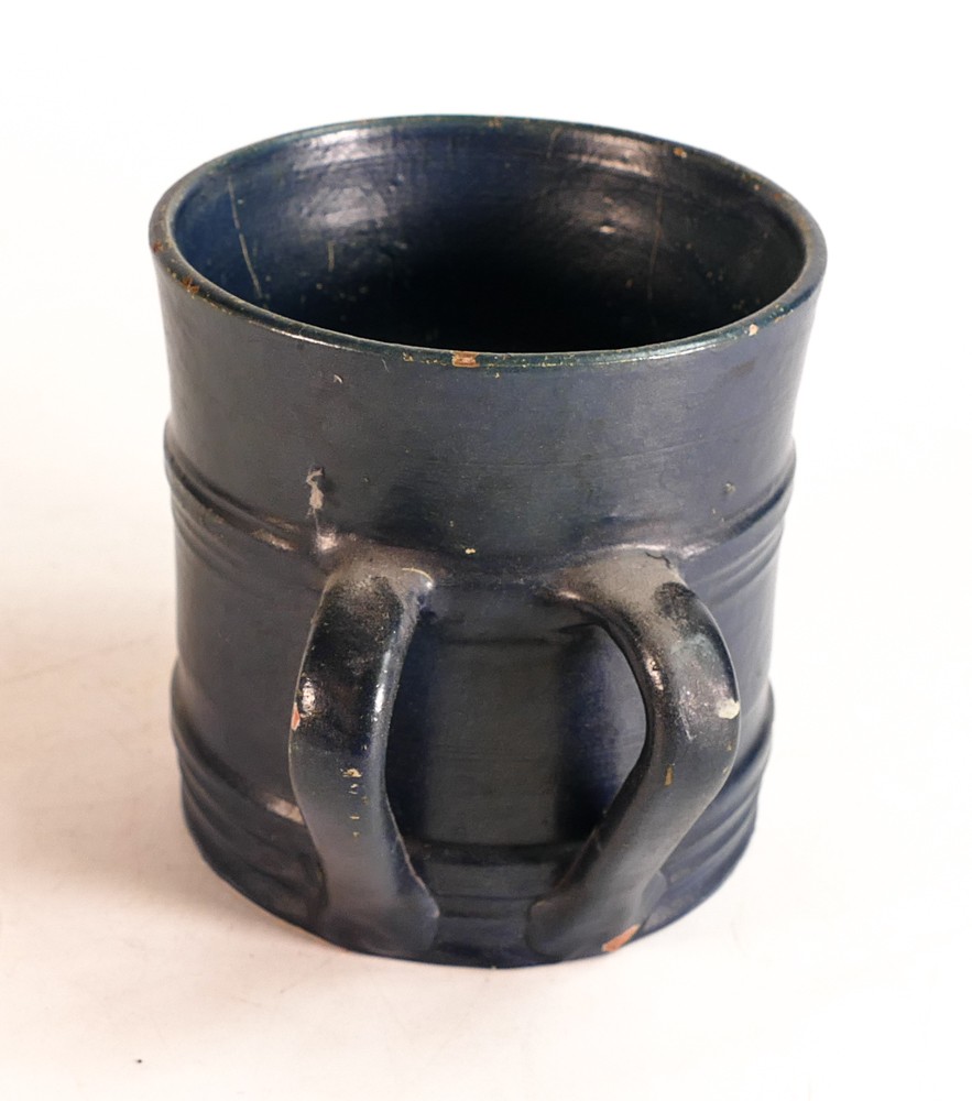 Dicker Ware Sussex two handed tankard, in deep blue mat glaze, hairline to rim & various paint - Image 4 of 6