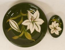 Moorcroft Bermuda Lily shallow bowl and oval pin dish. Diameter of bowl 22cm
