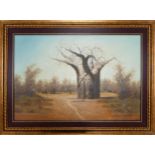 M Lawton (SOUTH AFRICAN 20th century) framed oil on canvas, landscape with tree, measuring 59cm x