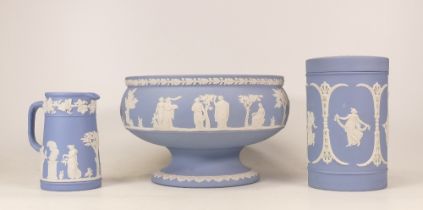 Wedgwood jasper ware footed bowl , lidded pot , ewer (3)