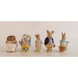 Five Beswick Beatrix Potter BP2 figures to include Pigling Bland, Johnny Town Mouse, Mrs Tiggy