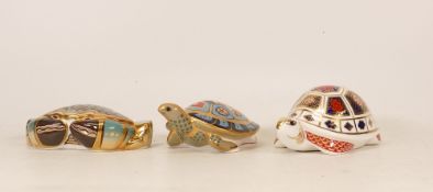 Royal Crown Derby paperweights Turtle, Terrapin and Chromer Crab, gold stopper (3)