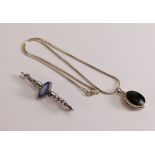 Silver stone set locket and chain and Silver brooch with dark blue Wedgwood jasperware insert. (2)
