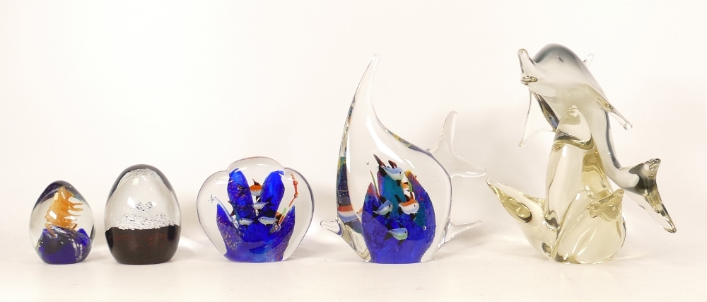 A collection of glass paperweights to include dolphin, corals, angelfish, Caithness, etc (5)