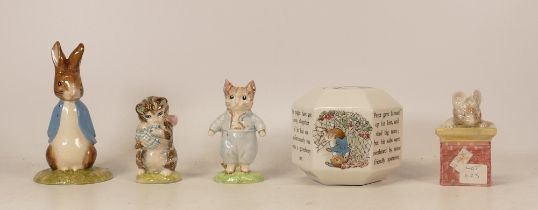 Beswick Beatrix potter figures to include Miss Moppet together with gold backstamps Tom Thumb ,