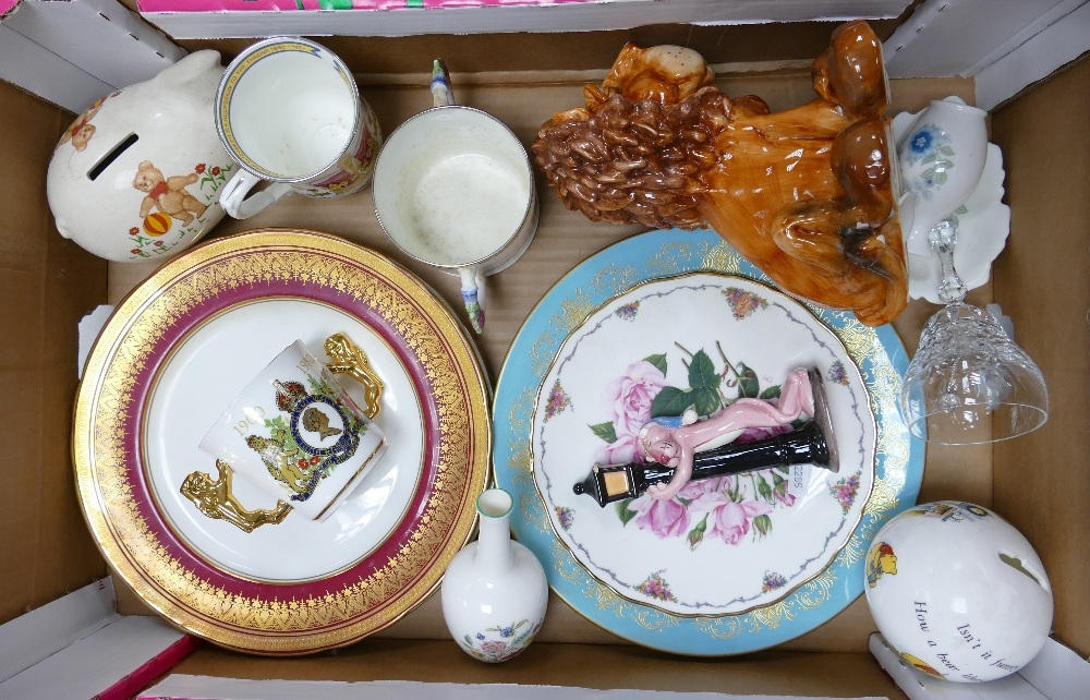 A mixed collection of items to include Aynsley plates , Paragon twin handled commemorative cup,