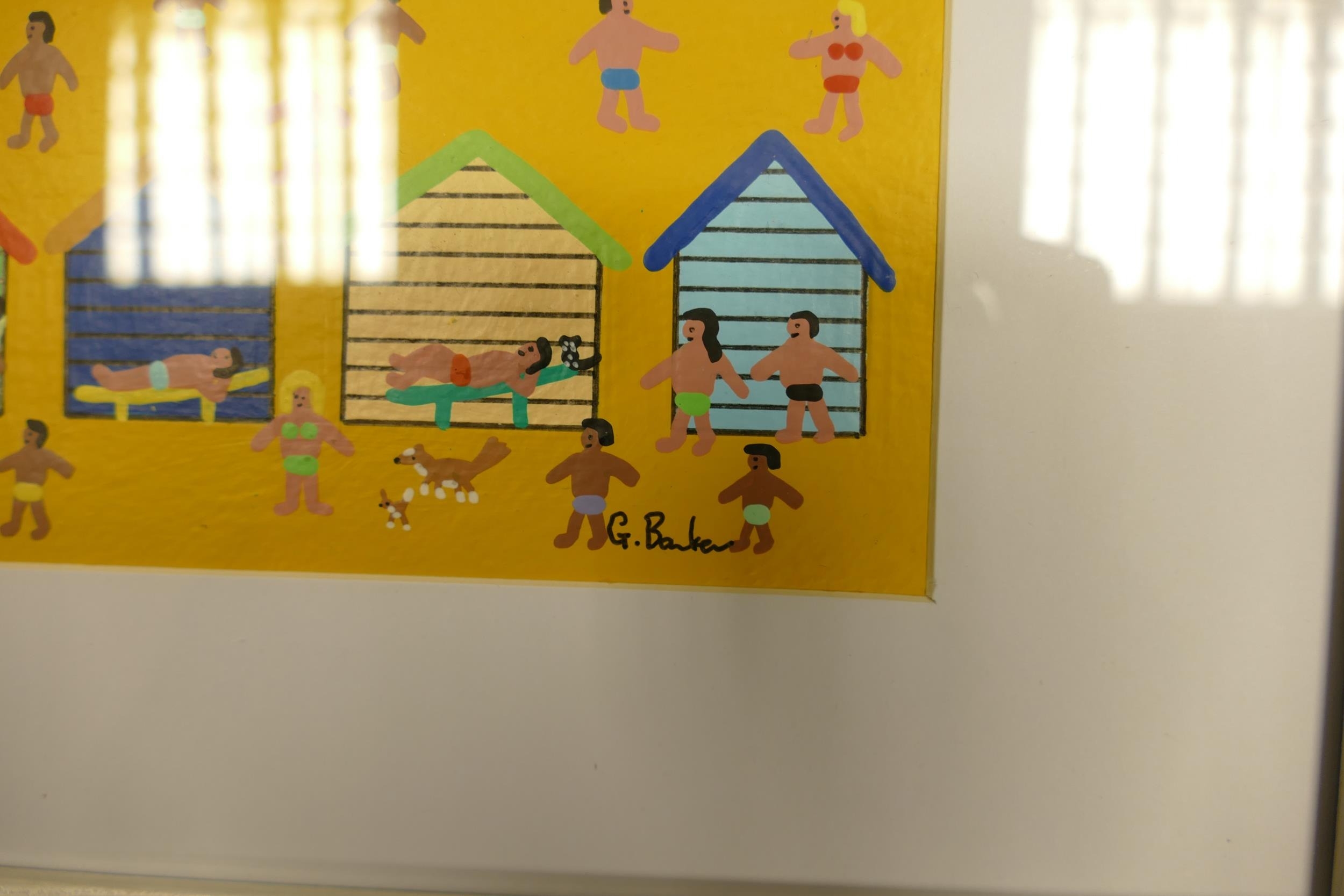 Gordon Barker (English, 20th Century) A Beachhut Seaside Town Scene. Acrylic on Paper, Framed Behind - Image 2 of 3