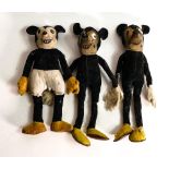 Three vintage 1930's Deans Rag Book Co., reg no 750611 Mickey Mouse dolls. Height 22cm
