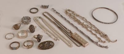 A collection of Silver jewellery including bangle, Ingot and necklace, rings, marcasite etc, 106.6g.