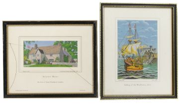 Two Macclesfield silks depicting Sulgrave Manor and the Mayflower. L: 26cm x W: 21.5cm. (2)