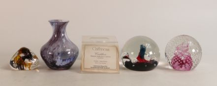 Caithness moonflower paperweight , Cauldron paperweight and stand , pebble paperweight ( boxed)