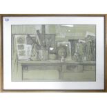Paul Montem CLARKE (1915-1999) 'Still Life', Chalk on Paper. Framed Behind Glass. Creases/Tearing to