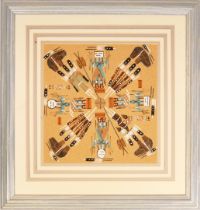A Modern Framed Authentic Navajo Sandpainting depicting tribal figures and animals symbolic of
