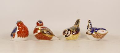 Royal Crown Derby paperweights Blue Tit, Chaffinch, Robin and Wren, gold stopper (4)