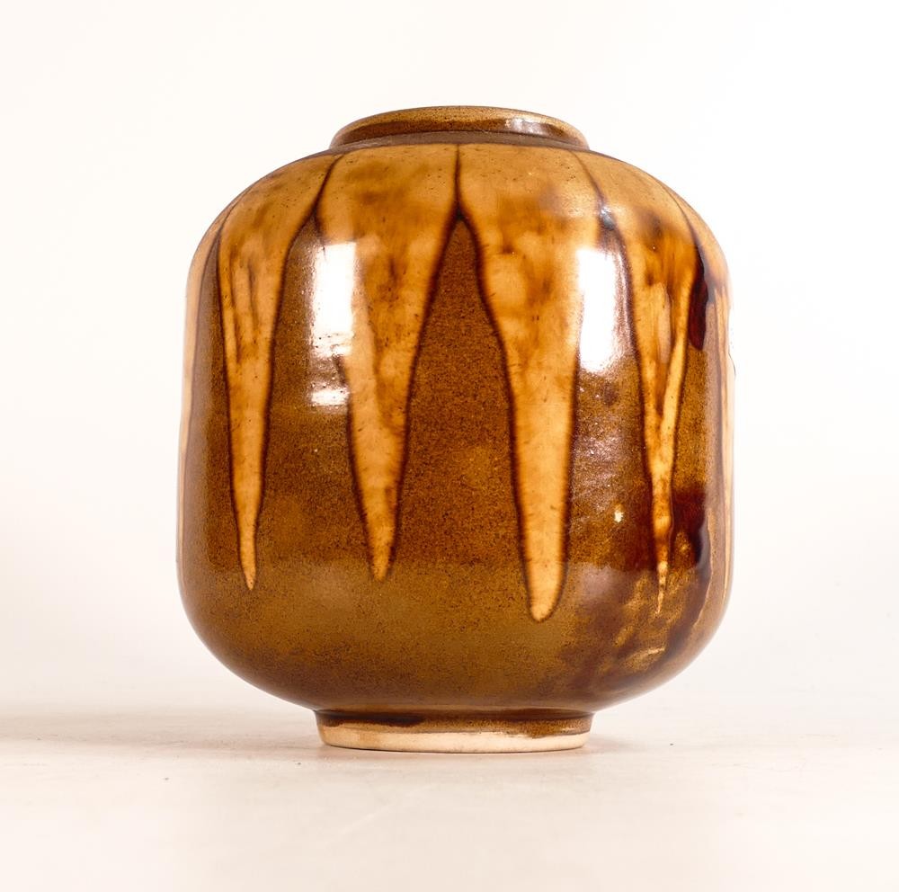 Moss Pottery of Cornwall vase of rectangular oval form. Painted in yellow to orange glazes. Base - Image 2 of 4