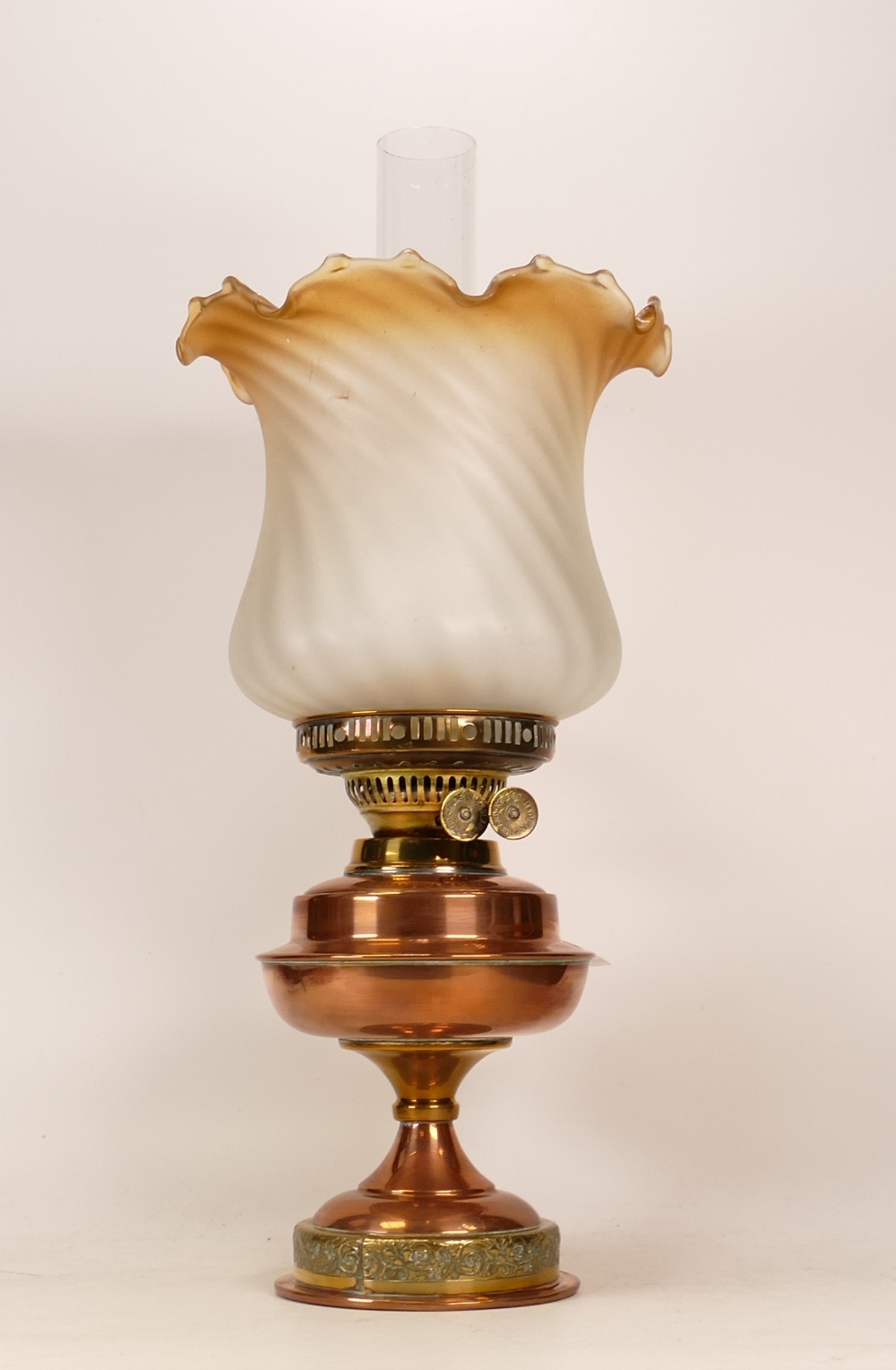 Early 20th Century Duplex copper and brass oil lamp, height 48cm