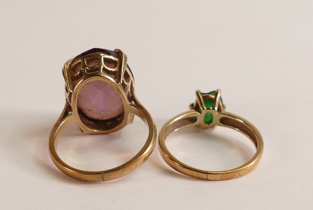 Two 9ct gold ladies dress rings, one set with oval green stone,size L and the other set with oval - Image 2 of 3