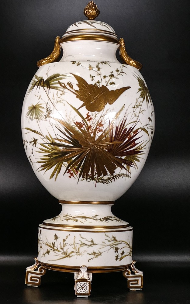 Late 19th century presumed Moore & Co Prestige Foleyian lidded vase decorated with crane &