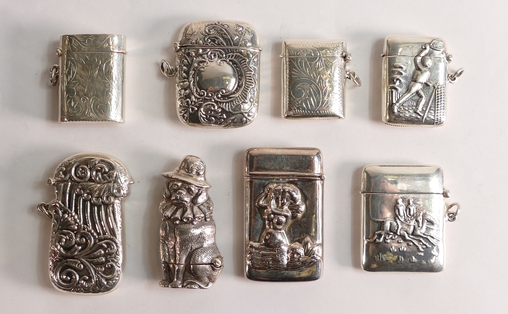 8 x sterling silver vesta /match cases, 216g in total. All appear in good used condition.
