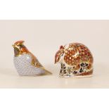 Royal Crown Derby paperweights Armadillo and Waxwing, gold stopper (2)