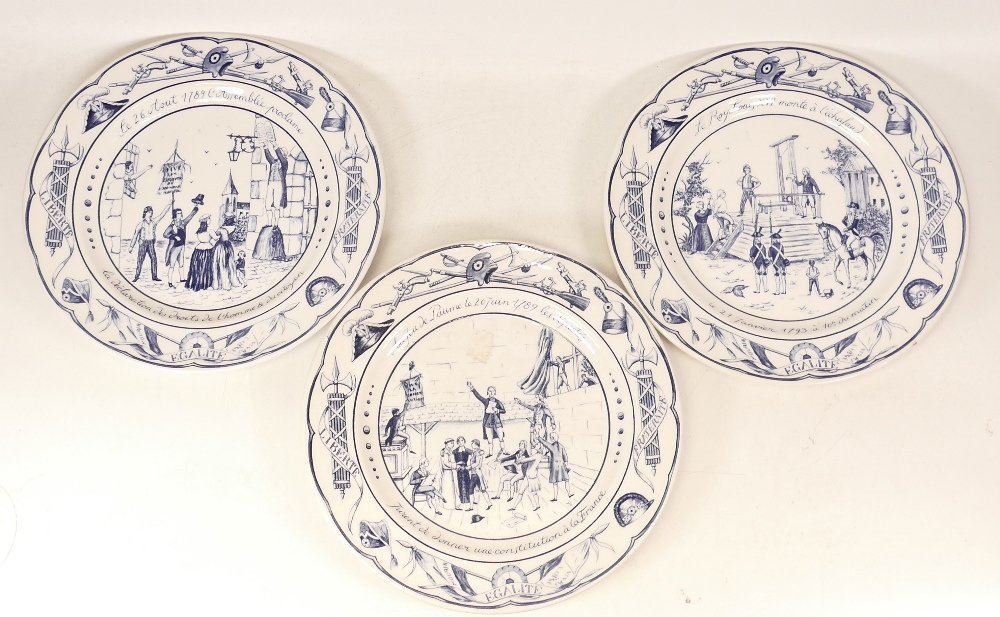 Set of five blue & white French revolution plates. Diameter 25.5cm