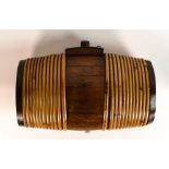 Early 20th century Willow bound Oak spirit flask of oval staved barrel form with inset glass ends,
