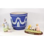 Large Wedgwood dipped blue planter, height 23.5cn ( chip to top rim) together with Royal Doulton