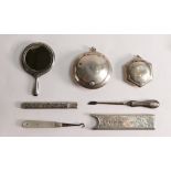 Collection of assorted hallmarked silver items includes; two sizes of ladies powder compacts with