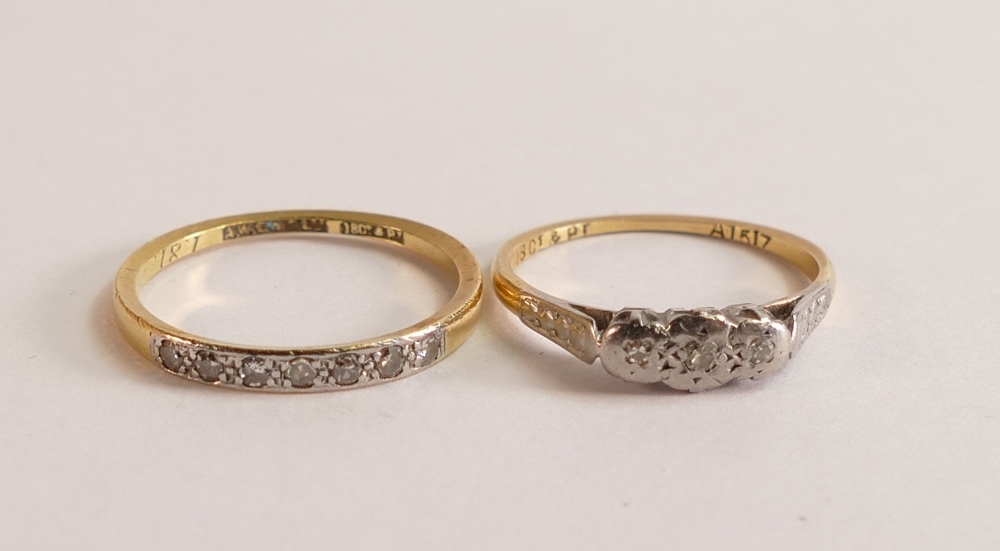 Two worn 18ct gold diamond rings, 3.4g. (2)