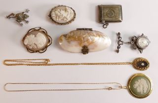 Collection of jewellery and collectors pieces including mid size cameo in gilt frame and a similar