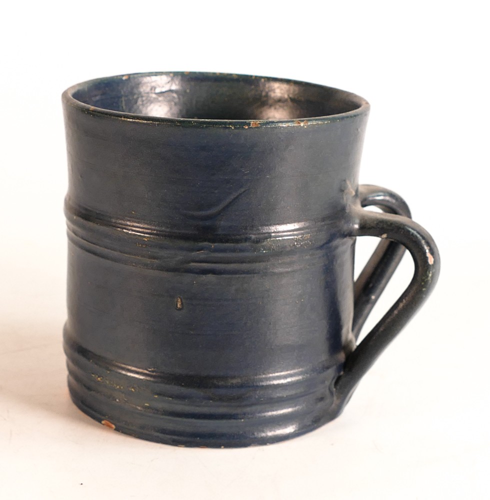 Dicker Ware Sussex two handed tankard, in deep blue mat glaze, hairline to rim & various paint - Image 3 of 6