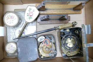 A collection of vintage items including 1970s brass Hiperlito camping stove, brass Primus pocket