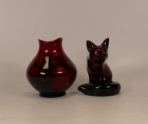 Royal Doulton Flambe Woodcut Vase together with Seated Fox, height of tallest 11cm (2)