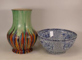 Arcadian Ware art deco style vase together with Adams blue and white Chinese patterned bowl (2)