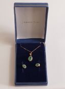 9ct gold Emerald set pendant, chain and matching earrings,2.3g. (4)
