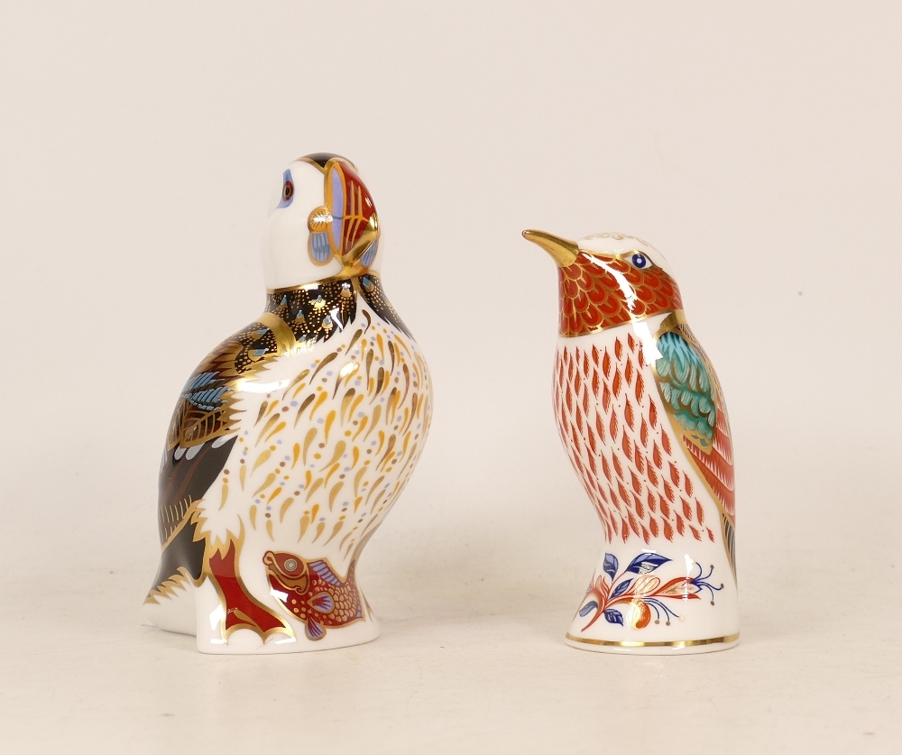 Royal Crown Derby paperweights Puffin and Kingfisher, gold stopper (2)