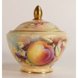 Mintons sugar bowl & cover decorated with peaches by D G Hirst, d.9.5 x h.10cm.