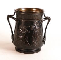 Heavy Bronze handled vase with raised relief classical decoration, internal brass liner, height 14.