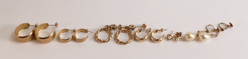 Six pairs of 9ct gold earrings, wither hallmarked, marked 9ct. Gross weight 13.96g, including 2